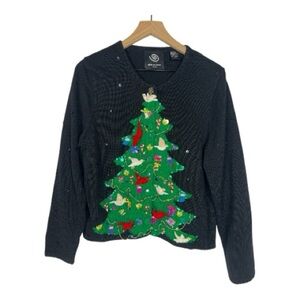 Michael Simon Sz L Christmas Sweater Tree Birds Beaded/Sequins Cardigan Black